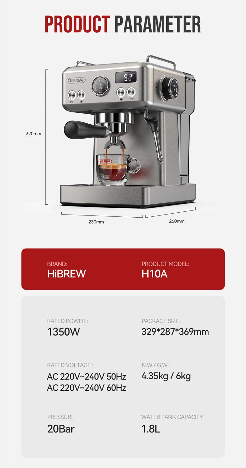 HiBREW 20Bar Semi Automatic Espresso Coffee Machine Temperature Adjustable 58mm Portafilter Cold/Hot Coffee Maker Metal CaseH10A BrewFi Coffee & Tea