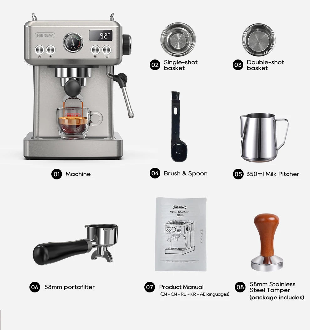 HiBREW 20Bar Semi Automatic Espresso Coffee Machine Temperature Adjustable 58mm Portafilter Cold/Hot Coffee Maker Metal CaseH10A BrewFi Coffee & Tea