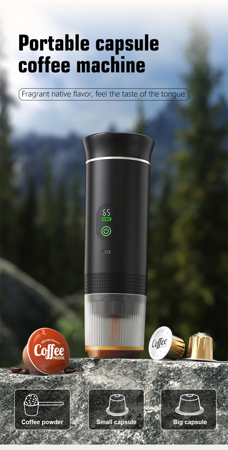 DENOKIN Portable Espresso Coffee Machine With Digital Display 3-in-1 Capsule Coffee Maker for Car & Home Camping Coffee Maker BrewFi Coffee & Tea