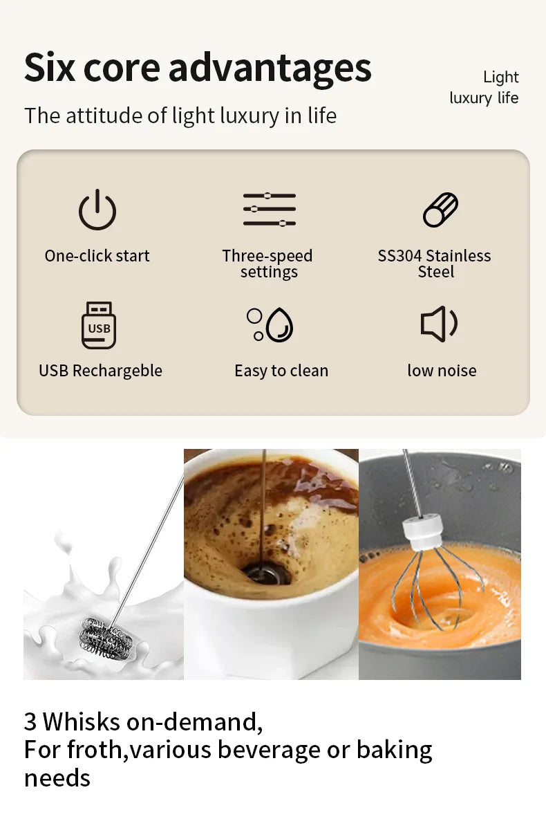HOT  Electric Milk Frother + Egg Beater Wireless Type-C Charging 3 Speeds Mini Handheld Foam Maker Coffee Whisk Cooking Tools BrewFi Coffee & Tea