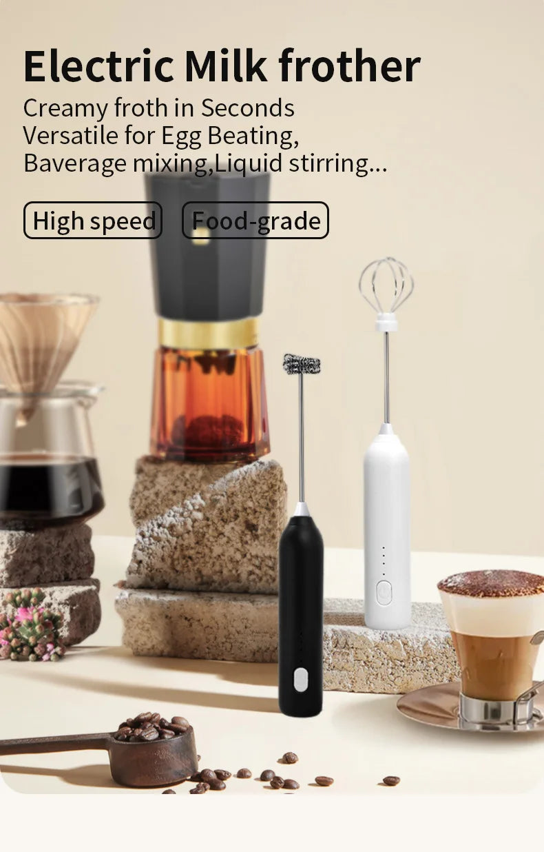 HOT  Electric Milk Frother + Egg Beater Wireless Type-C Charging 3 Speeds Mini Handheld Foam Maker Coffee Whisk Cooking Tools BrewFi Coffee & Tea