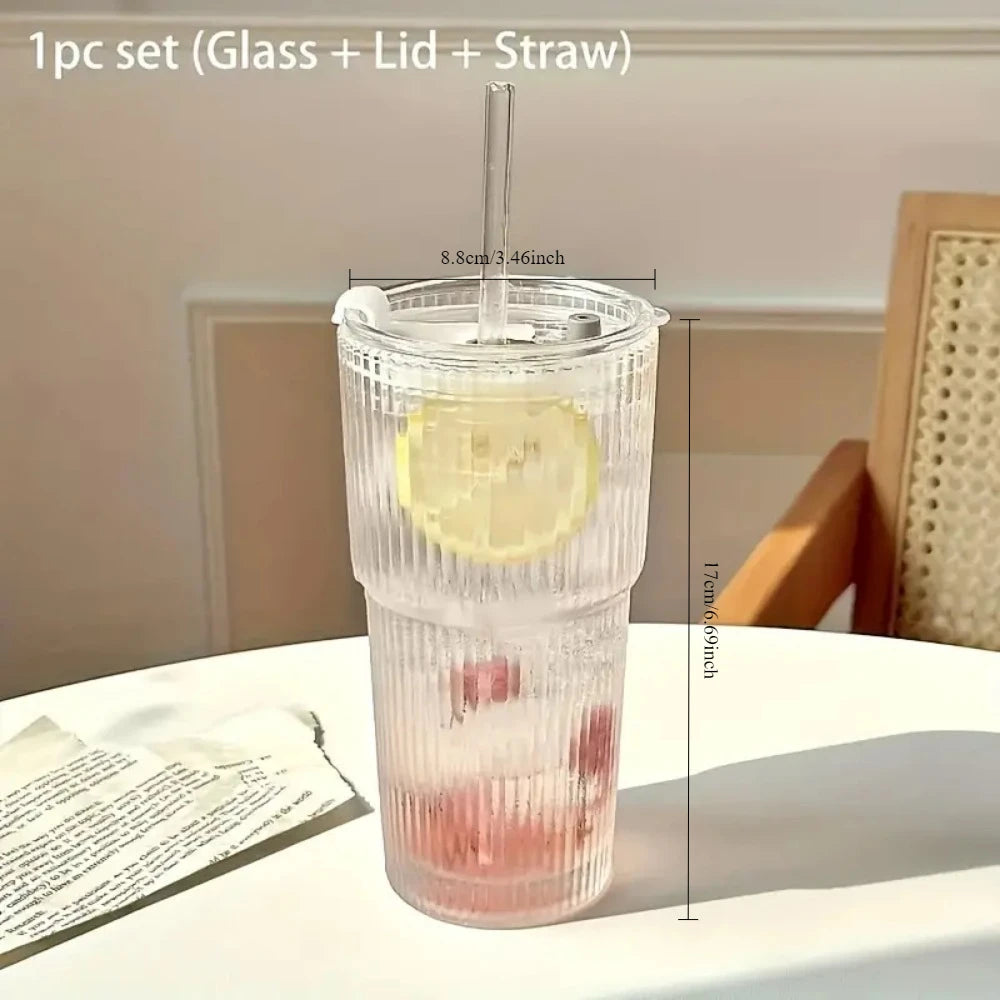600ml Stripe Glass Cup with Lid and Straw Transparent Drinking Glasses for Juice Water and Iced Coffee Cups Mug Drinkware BrewFi Coffee & Tea
