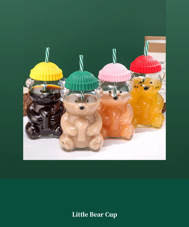 New Teddy Bear Glass Straw Cup, Cute Cartoon Design, Large Capacity Coffee Cup, New Year Glass Mug BrewFi Coffee & Tea