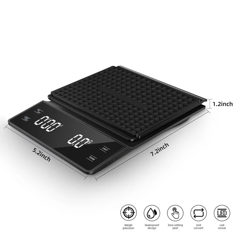 3kg/0.1g Coffee Scale with Timer Kitchen Tools Digital Multifunction Weighing Scale Pour Over Drip Espresso Scale LCD Display BrewFi Coffee & Tea