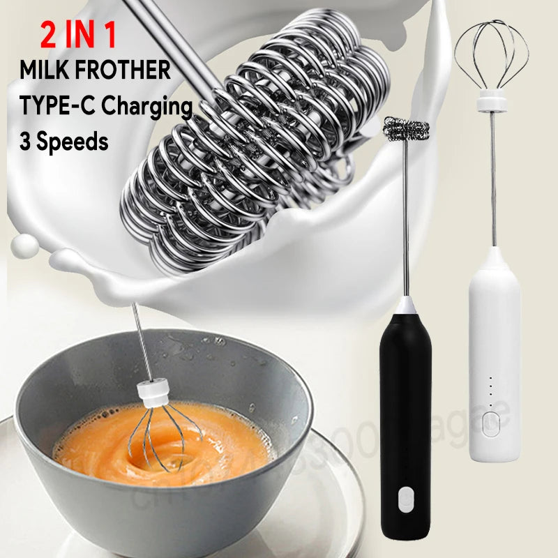 HOT  Electric Milk Frother + Egg Beater Wireless Type-C Charging 3 Speeds Mini Handheld Foam Maker Coffee Whisk Cooking Tools BrewFi Coffee & Tea