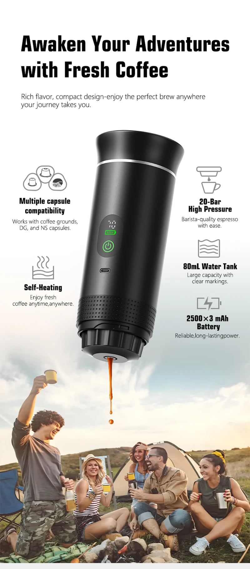 DENOKIN Portable Espresso Coffee Machine With Digital Display 3-in-1 Capsule Coffee Maker for Car & Home Camping Coffee Maker BrewFi Coffee & Tea