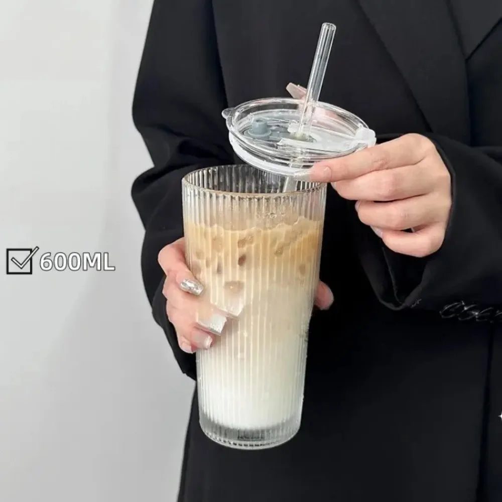 600ml Stripe Glass Cup with Lid and Straw Transparent Drinking Glasses for Juice Water and Iced Coffee Cups Mug Drinkware BrewFi Coffee & Tea