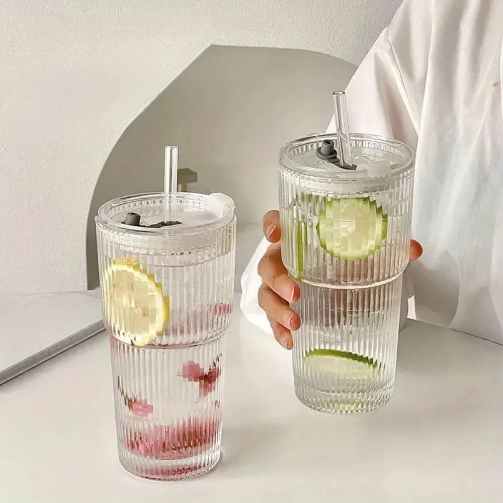 600ml Stripe Glass Cup with Lid and Straw Transparent Drinking Glasses for Juice Water and Iced Coffee Cups Mug Drinkware BrewFi Coffee & Tea