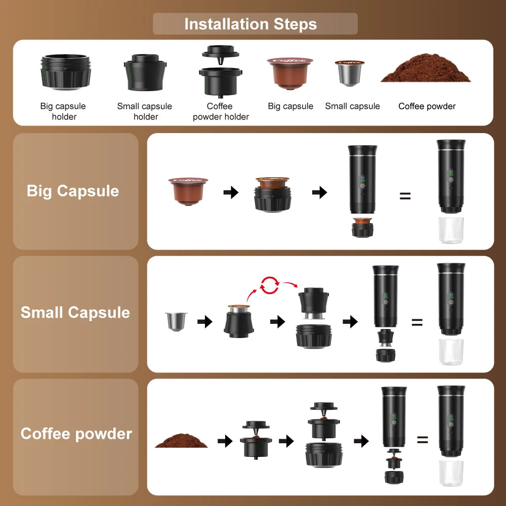 DENOKIN Portable Espresso Coffee Machine With Digital Display 3-in-1 Capsule Coffee Maker for Car & Home Camping Coffee Maker BrewFi Coffee & Tea
