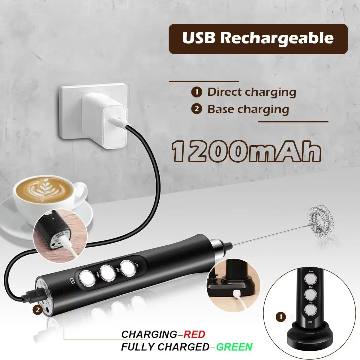 Wireless Rechargeable Electric Milk Frother - 3 Speeds, Handheld Foam Maker for Latte, Cappuccino, Hot Chocolate - USB Rechargea BrewFi Coffee & Tea