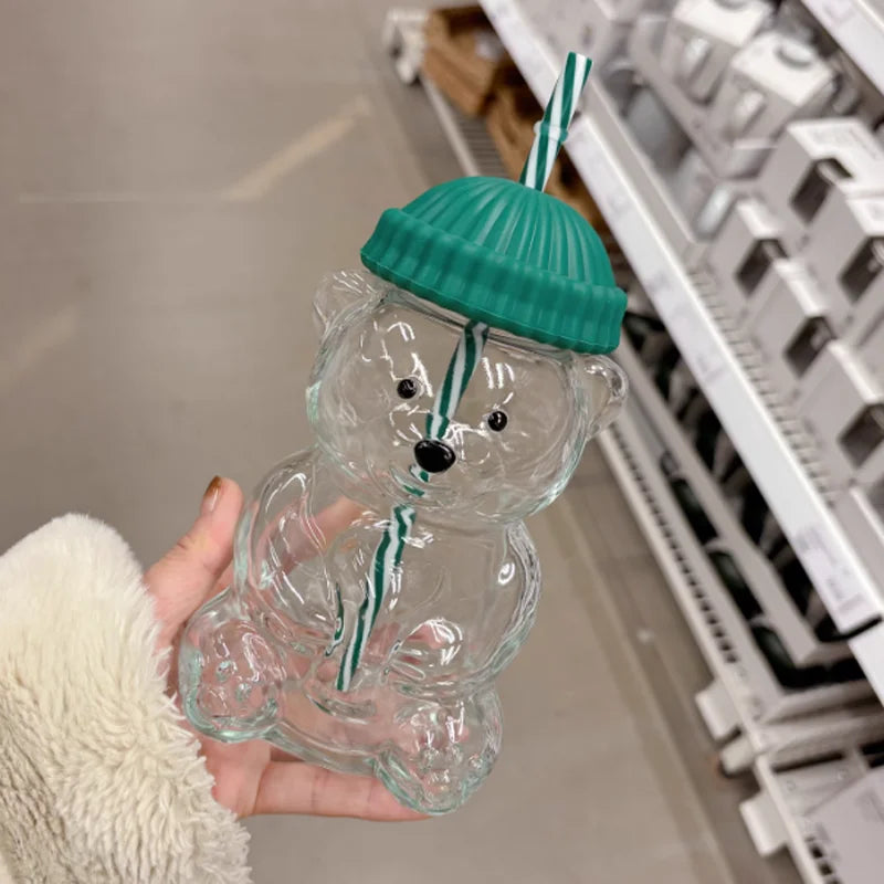 New Teddy Bear Glass Straw Cup, Cute Cartoon Design, Large Capacity Coffee Cup, New Year Glass Mug BrewFi Coffee & Tea