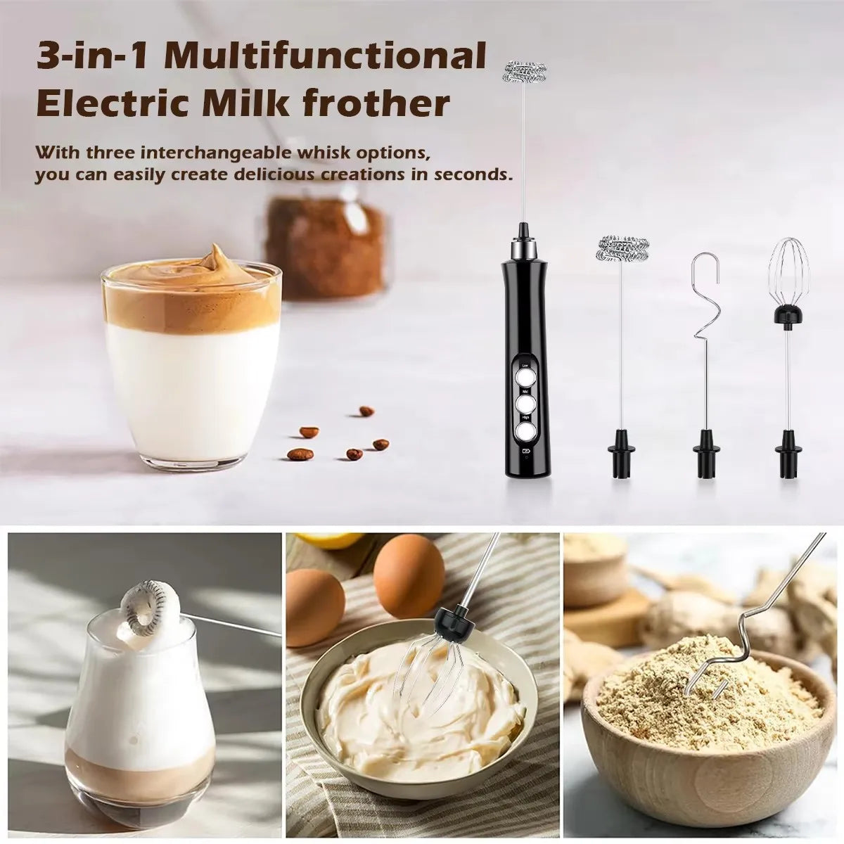 Wireless Rechargeable Electric Milk Frother - 3 Speeds, Handheld Foam Maker for Latte, Cappuccino, Hot Chocolate - USB Rechargea BrewFi Coffee & Tea