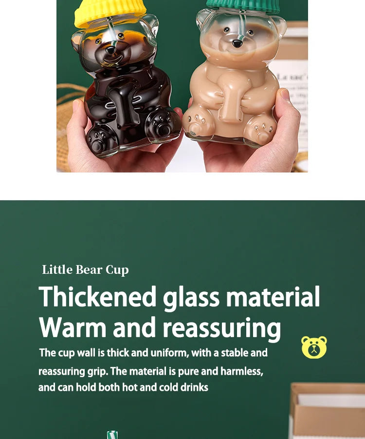 New Teddy Bear Glass Straw Cup, Cute Cartoon Design, Large Capacity Coffee Cup, New Year Glass Mug BrewFi Coffee & Tea