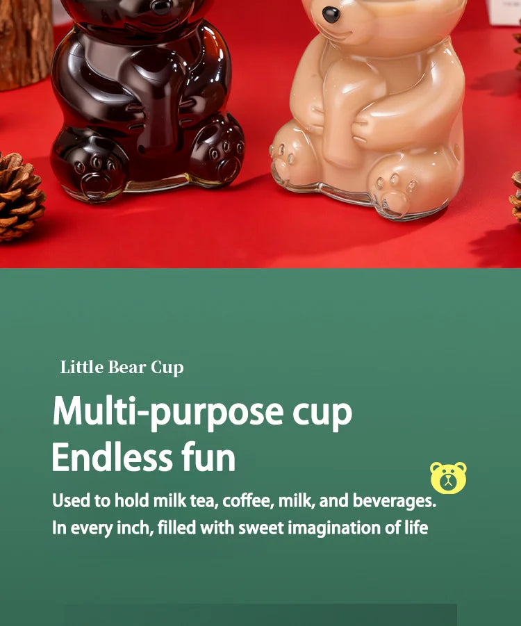 New Teddy Bear Glass Straw Cup, Cute Cartoon Design, Large Capacity Coffee Cup, New Year Glass Mug BrewFi Coffee & Tea