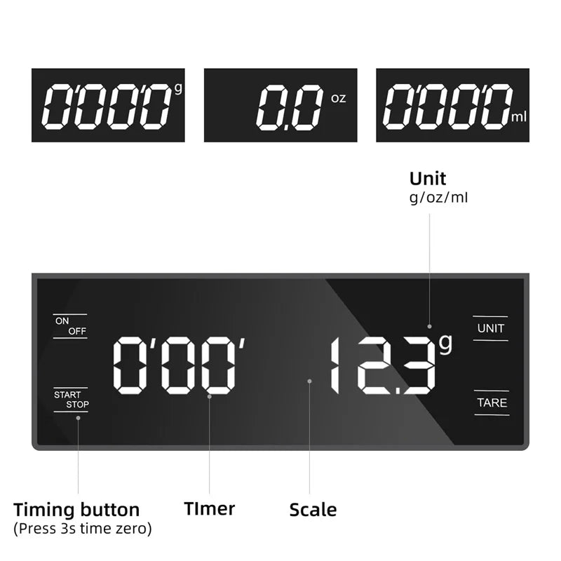 3kg/0.1g Coffee Scale with Timer Kitchen Tools Digital Multifunction Weighing Scale Pour Over Drip Espresso Scale LCD Display BrewFi Coffee & Tea