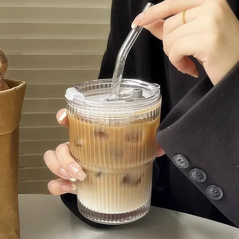 600ml Stripe Glass Cup with Lid and Straw Transparent Drinking Glasses for Juice Water and Iced Coffee Cups Mug Drinkware BrewFi Coffee & Tea