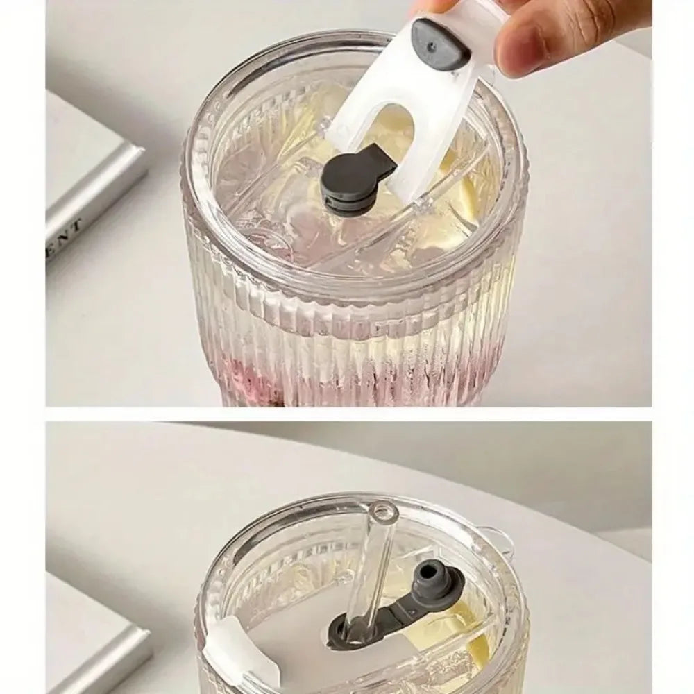 600ml Stripe Glass Cup with Lid and Straw Transparent Drinking Glasses for Juice Water and Iced Coffee Cups Mug Drinkware BrewFi Coffee & Tea