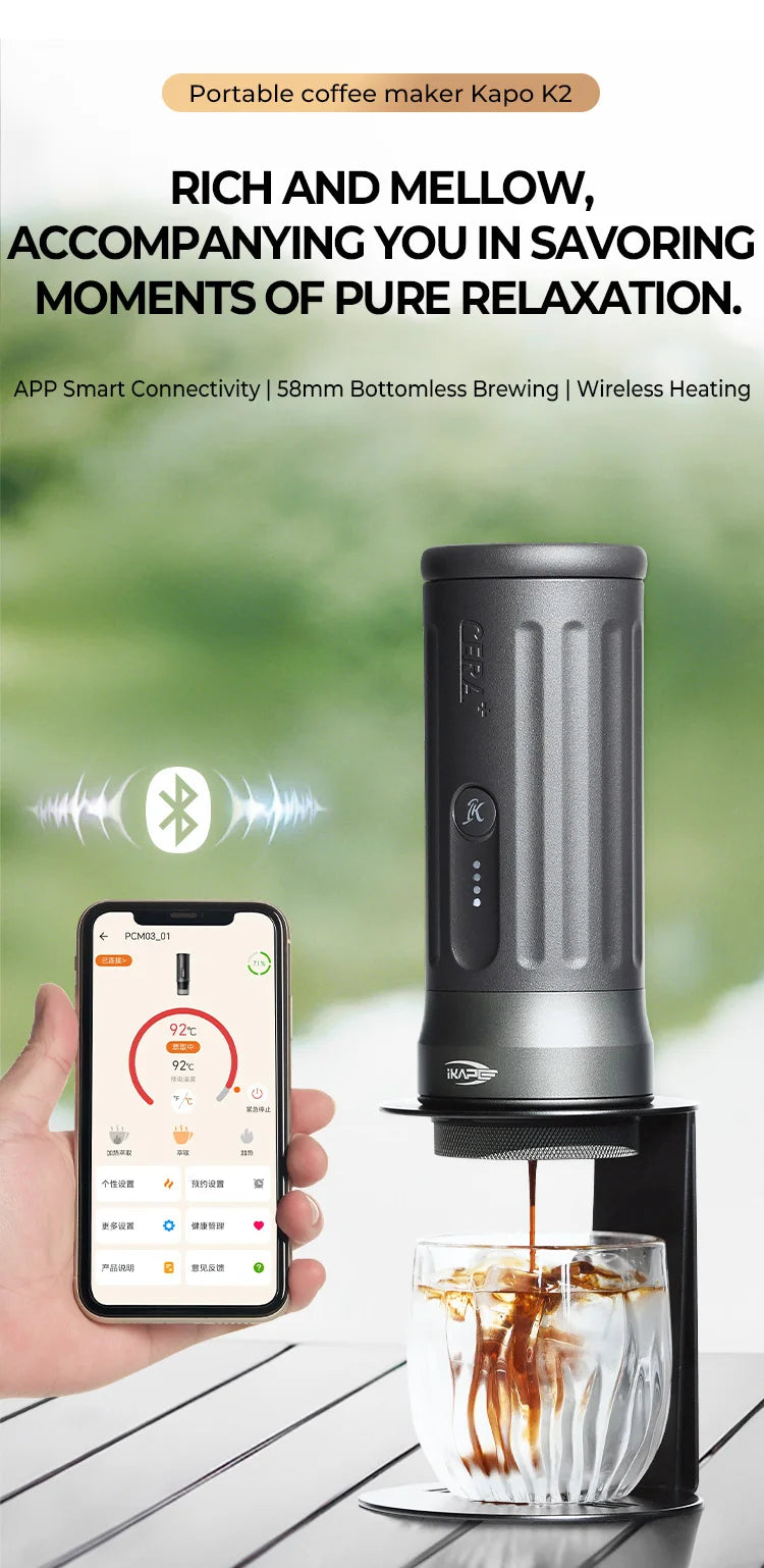 IKAPE Kapo K2 Portable Coffee Machine/Bluetooth connection/Timer Function,51/58mm Espresso Bottomless Portafilter,Camping/Home BrewFi Coffee & Tea