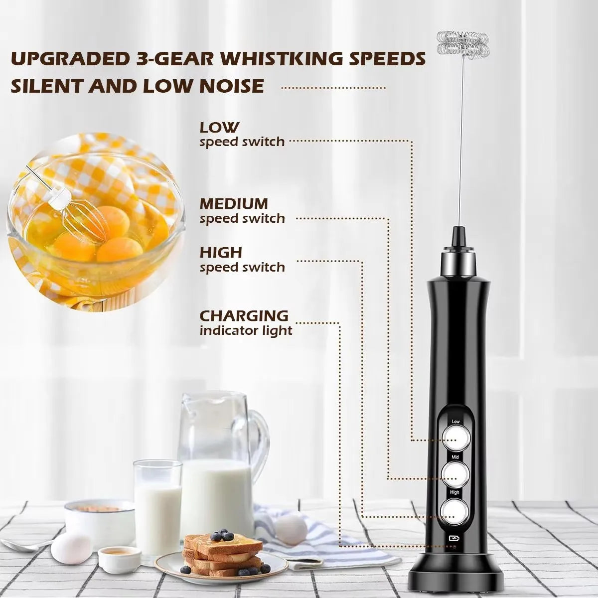 Wireless Rechargeable Electric Milk Frother - 3 Speeds, Handheld Foam Maker for Latte, Cappuccino, Hot Chocolate - USB Rechargea BrewFi Coffee & Tea