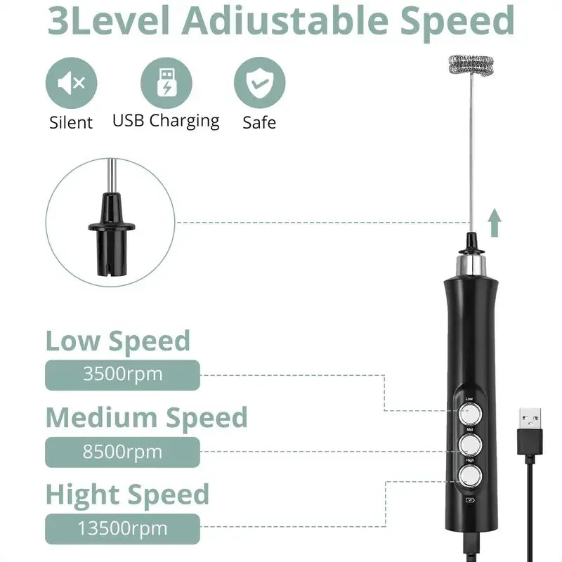 Wireless Rechargeable Electric Milk Frother - 3 Speeds, Handheld Foam Maker for Latte, Cappuccino, Hot Chocolate - USB Rechargea BrewFi Coffee & Tea