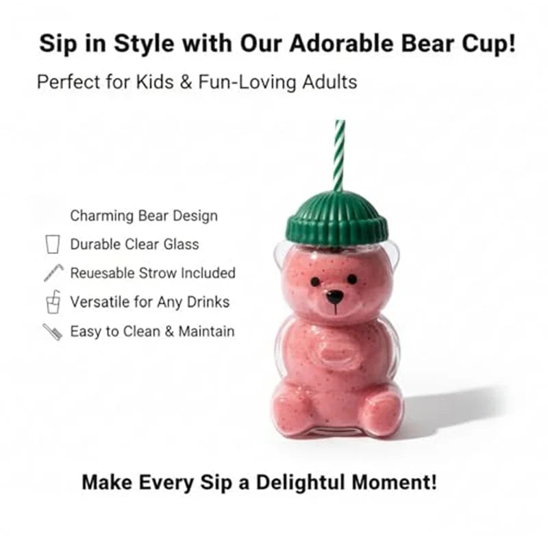 New Teddy Bear Glass Straw Cup, Cute Cartoon Design, Large Capacity Coffee Cup, New Year Glass Mug BrewFi Coffee & Tea