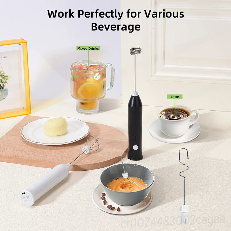 HOT  Electric Milk Frother + Egg Beater Wireless Type-C Charging 3 Speeds Mini Handheld Foam Maker Coffee Whisk Cooking Tools BrewFi Coffee & Tea