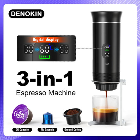 DENOKIN Portable Espresso Coffee Machine With Digital Display 3-in-1 Capsule Coffee Maker for Car & Home Camping Coffee Maker BrewFi Coffee & Tea