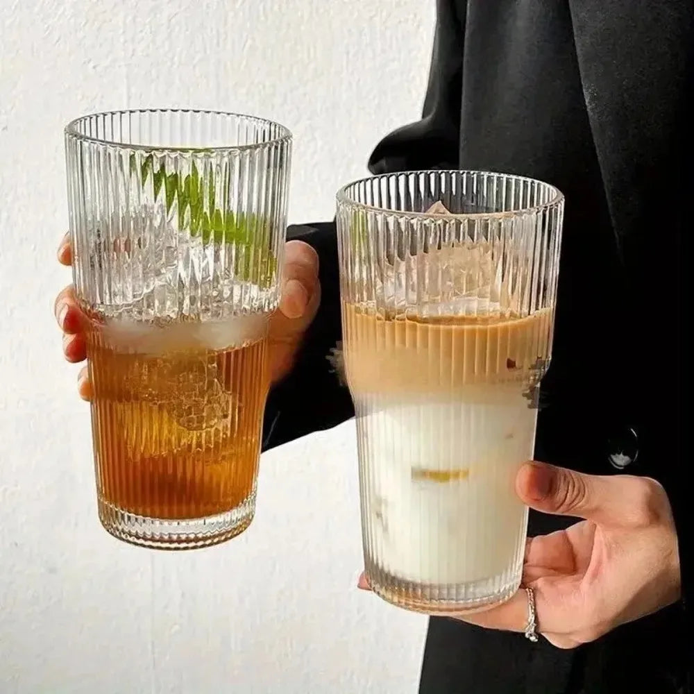 600ml Stripe Glass Cup with Lid and Straw Transparent Drinking Glasses for Juice Water and Iced Coffee Cups Mug Drinkware BrewFi Coffee & Tea