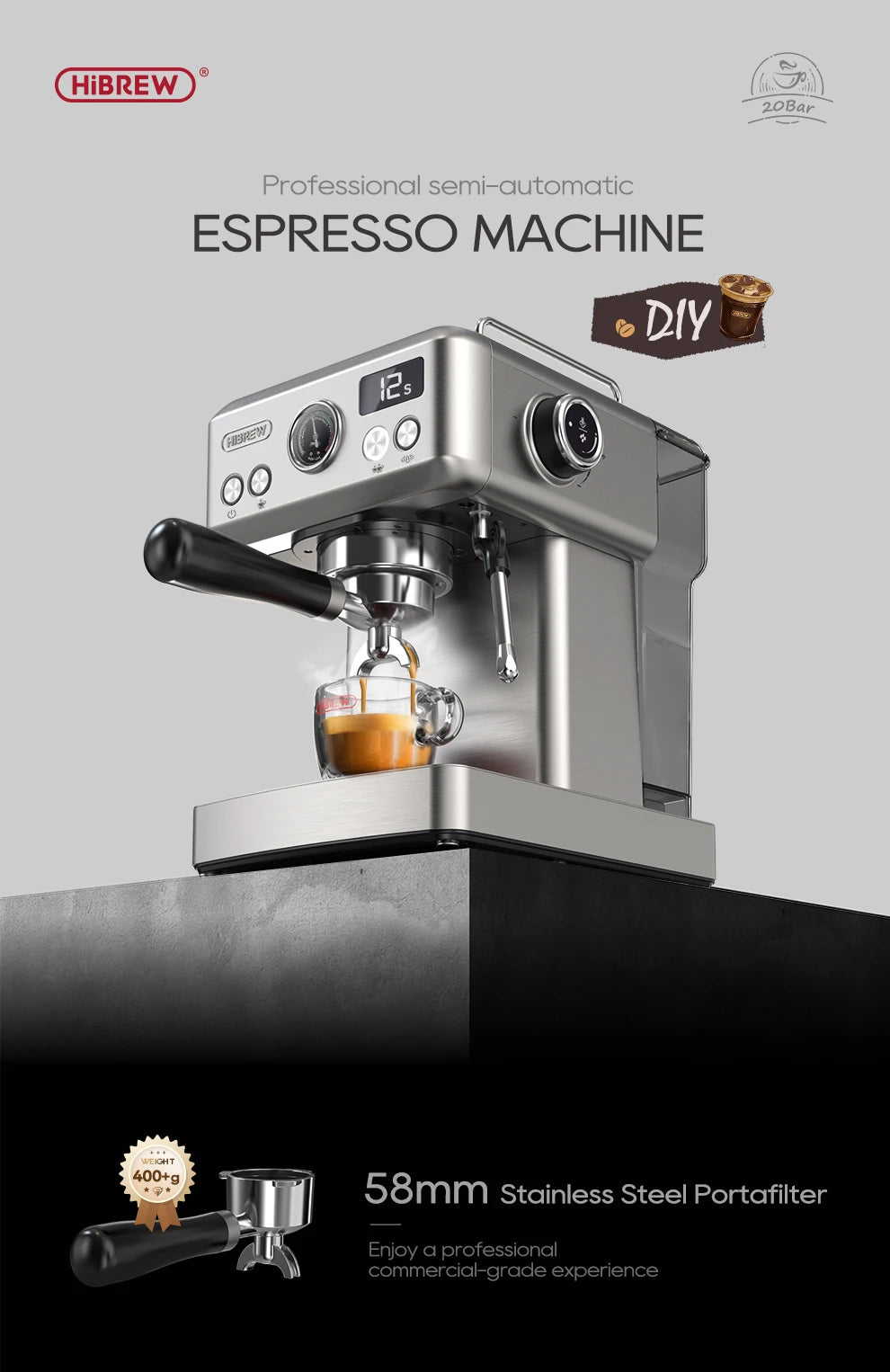 HiBREW 20Bar Semi Automatic Espresso Coffee Machine Temperature Adjustable 58mm Portafilter Cold/Hot Coffee Maker Metal CaseH10A BrewFi Coffee & Tea