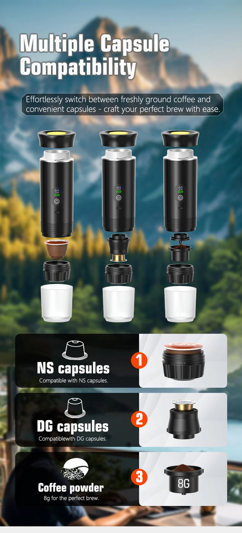 DENOKIN Portable Espresso Coffee Machine With Digital Display 3-in-1 Capsule Coffee Maker for Car & Home Camping Coffee Maker BrewFi Coffee & Tea