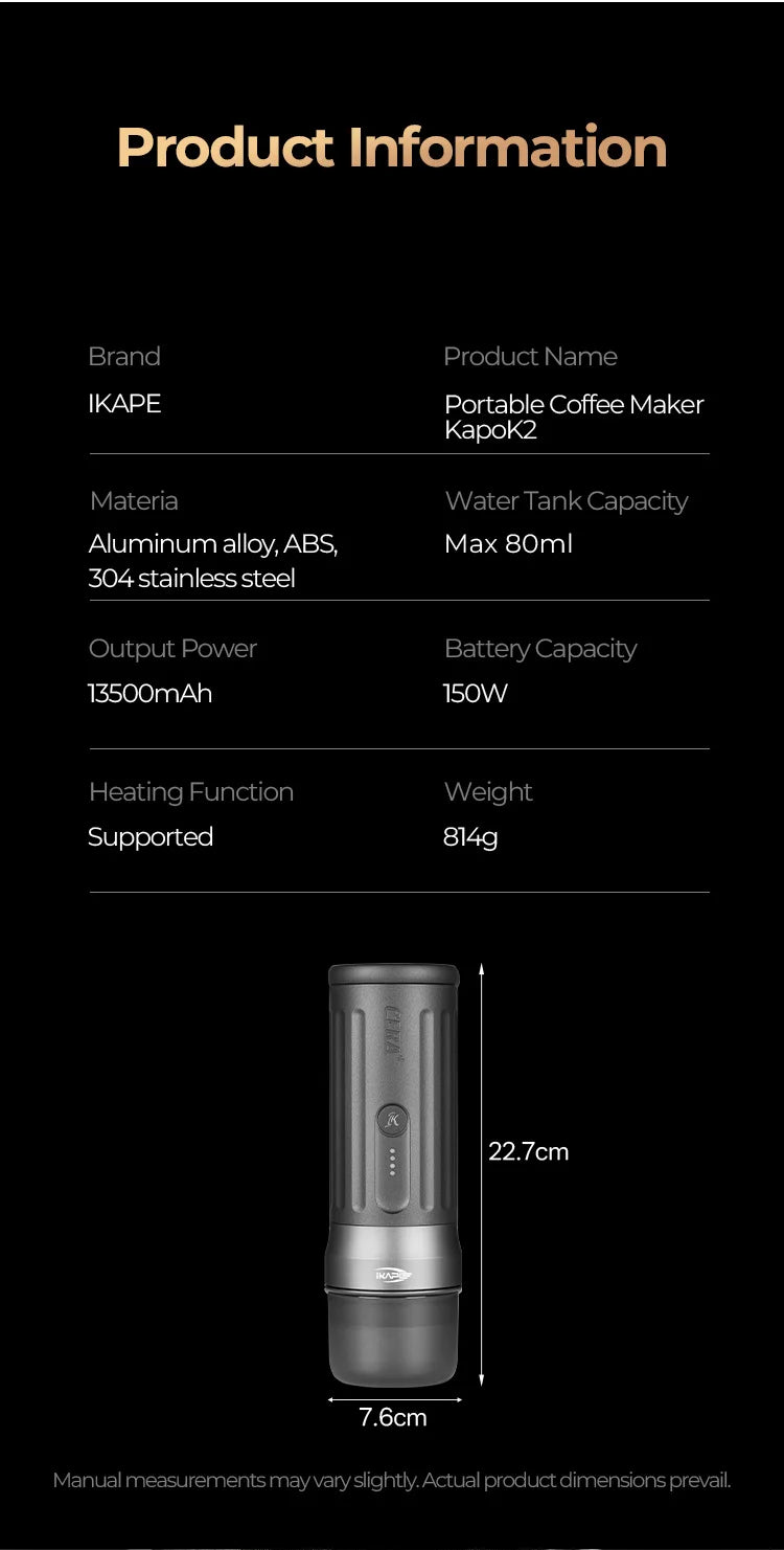 IKAPE Kapo K2 Portable Coffee Machine/Bluetooth connection/Timer Function,51/58mm Espresso Bottomless Portafilter,Camping/Home BrewFi Coffee & Tea