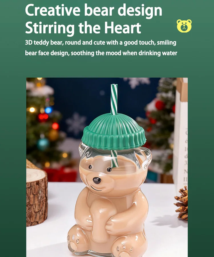 New Teddy Bear Glass Straw Cup, Cute Cartoon Design, Large Capacity Coffee Cup, New Year Glass Mug BrewFi Coffee & Tea
