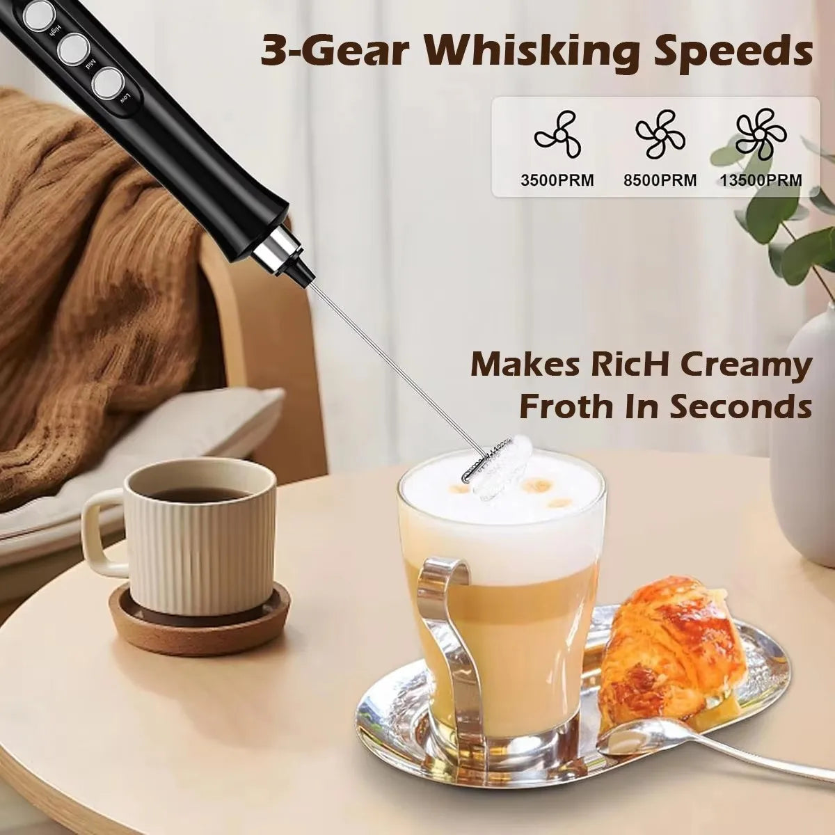 Wireless Rechargeable Electric Milk Frother - 3 Speeds, Handheld Foam Maker for Latte, Cappuccino, Hot Chocolate - USB Rechargea BrewFi Coffee & Tea