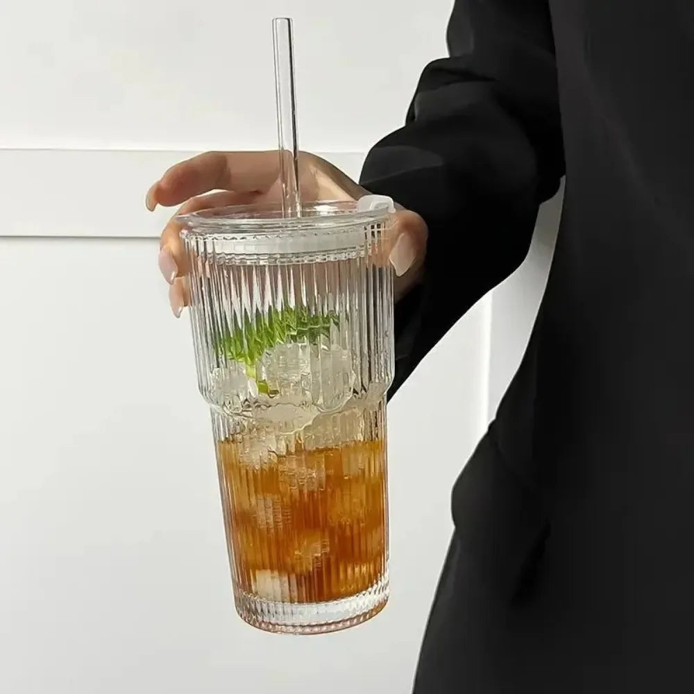 600ml Stripe Glass Cup with Lid and Straw Transparent Drinking Glasses for Juice Water and Iced Coffee Cups Mug Drinkware BrewFi Coffee & Tea