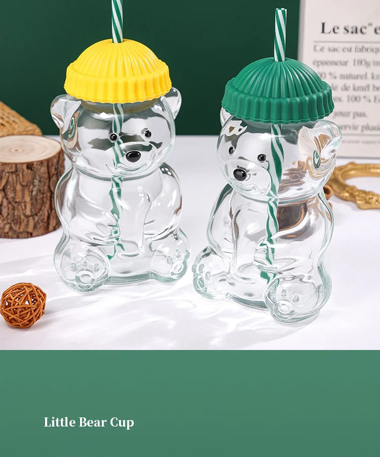 New Teddy Bear Glass Straw Cup, Cute Cartoon Design, Large Capacity Coffee Cup, New Year Glass Mug BrewFi Coffee & Tea